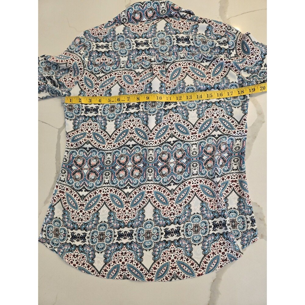 Express Portofino Shirt Small S Slim Fit Paisley Medallion Blouse Roll Tab - Picture 9 of 13